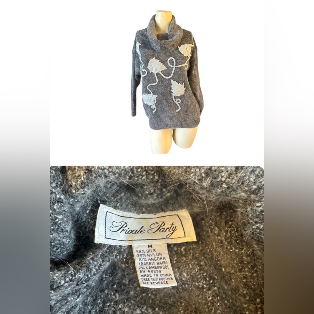Vintage Private Party Silk Angora Sweater M Embroidered Leaf Cowl Neck